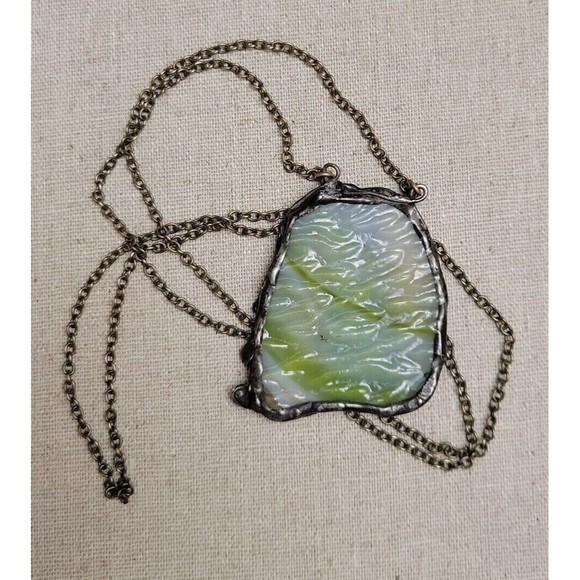 Vintage Doubled sided Stained Glass Artisan Necklace Pendant Greens Blues Amber - Picture 5 of 7